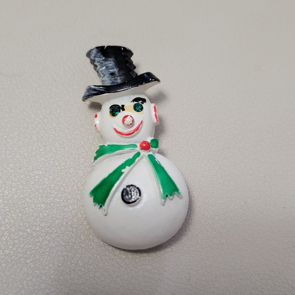 Vintage Enamel 1960's Snowman Christmas Holiday Candy Cane Brooch Pin AS IS